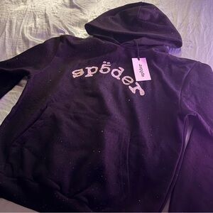 Men's Black rhinestone Sp5der Hoodie with Logo